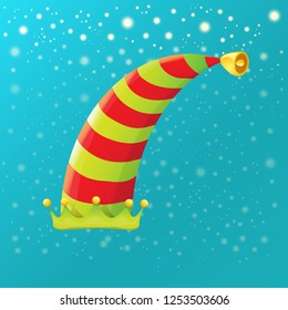 vector funky red and green stripped cartoon christmas elf hat on azure sky background with stars. vector kids colorful elf hat icon or label. Christmas decorative design element for banner or poster