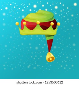 vector funky red and green stripped cartoon christmas elf hat on azure sky background with stars. vector kids colorful elf hat icon or label. Christmas decorative design element for banner or poster