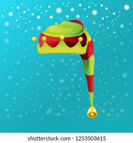 vector funky red and green stripped cartoon christmas elf hat on azure sky background with stars. vector kids colorful elf hat icon or label. Christmas decorative design element for banner or poster