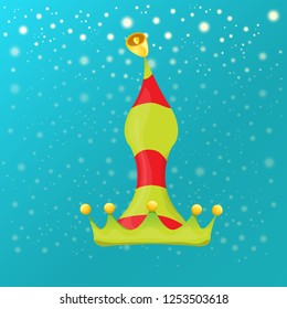vector funky red and green stripped cartoon christmas elf hat on azure sky background with stars. vector kids colorful elf hat icon or label. Christmas decorative design element for banner or poster