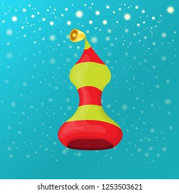vector funky red and green stripped cartoon christmas elf hat on azure sky background with stars. vector kids colorful elf hat icon or label. Christmas decorative design element for banner or poster