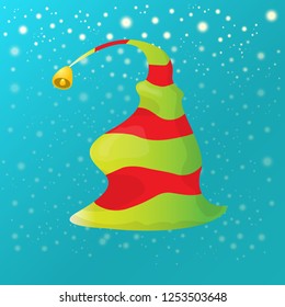 vector funky red and green stripped cartoon christmas elf hat on azure sky background with stars. vector kids colorful elf hat icon or label. Christmas decorative design element for banner or poster