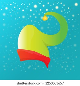 vector funky red and green stripped cartoon christmas elf hat on azure sky background with stars. vector kids colorful elf hat icon or label. Christmas decorative design element for banner or poster