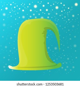 vector funky red and green stripped cartoon christmas elf hat on azure sky background with stars. vector kids colorful elf hat icon or label. Christmas decorative design element for banner or poster