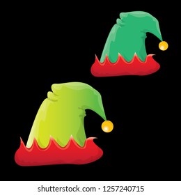 vector funky red and green stripped cartoon christmas elf hat set isolated on black. vector kids colorful elf hat icon or label. Christmas decorative design element for banner or poster