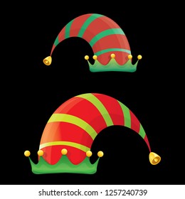 vector funky red and green stripped cartoon christmas elf hat set isolated on black. vector kids colorful elf hat icon or label. Christmas decorative design element for banner or poster