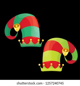 vector funky red and green stripped cartoon christmas elf hat set isolated on black. vector kids colorful elf hat icon or label. Christmas decorative design element for banner or poster