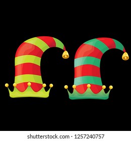 vector funky red and green stripped cartoon christmas elf hat set isolated on black. vector kids colorful elf hat icon or label. Christmas decorative design element for banner or poster