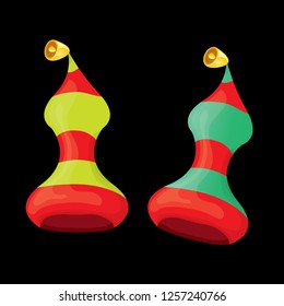 vector funky red and green stripped cartoon christmas elf hat set isolated on black. vector kids colorful elf hat icon or label. Christmas decorative design element for banner or poster