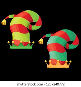 vector funky red and green stripped cartoon christmas elf hat set isolated on black. vector kids colorful elf hat icon or label. Christmas decorative design element for banner or poster