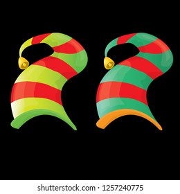 vector funky red and green stripped cartoon christmas elf hat set isolated on black. vector kids colorful elf hat icon or label. Christmas decorative design element for banner or poster