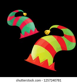 vector funky red and green stripped cartoon christmas elf hat set isolated on black. vector kids colorful elf hat icon or label. Christmas decorative design element for banner or poster