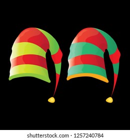 vector funky red and green stripped cartoon christmas elf hat set isolated on black. vector kids colorful elf hat icon or label. Christmas decorative design element for banner or poster