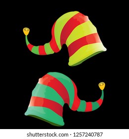 vector funky red and green stripped cartoon christmas elf hat set isolated on black. vector kids colorful elf hat icon or label. Christmas decorative design element for banner or poster