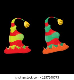 vector funky red and green stripped cartoon christmas elf hat set isolated on black. vector kids colorful elf hat icon or label. Christmas decorative design element for banner or poster