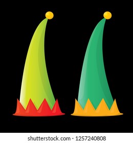 vector funky red and green stripped cartoon christmas elf hat set isolated on black. vector kids colorful elf hat icon or label. Christmas decorative design element for banner or poster