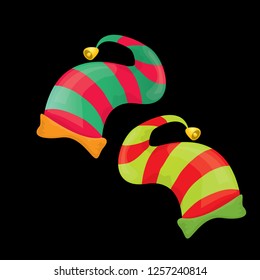 vector funky red and green stripped cartoon christmas elf hat set isolated on black. vector kids colorful elf hat icon or label. Christmas decorative design element for banner or poster