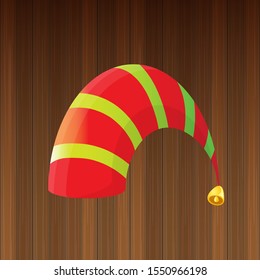 vector funky red and green stripped cartoon christmas elf hat isolated on wooden background. vector kids colorful elf hat icon or label. Christmas decorative design element for banner, flyer or poster