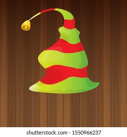 vector funky red and green stripped cartoon christmas elf hat isolated on wooden background. vector kids colorful elf hat icon or label. Christmas decorative design element for banner, flyer or poster
