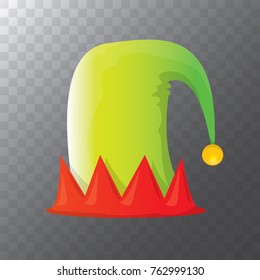 vector funky red and green stripped cartoon christmas elf hat isolated on transparent background. vector kids colorful elf hat icon or label.  Christmas decorative design element for banner or poster