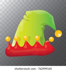 vector funky red and green stripped cartoon christmas elf hat isolated on transparent background. vector kids colorful elf hat icon or label.  Christmas decorative design element for banner or poster