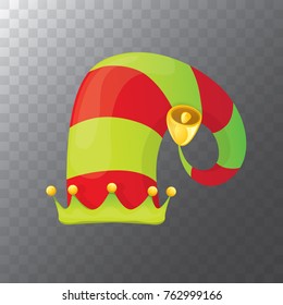 vector funky red and green stripped cartoon christmas elf hat isolated on transparent background. vector kids colorful elf hat icon or label.  Christmas decorative design element for banner or poster