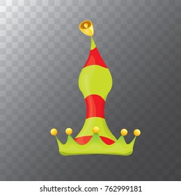 vector funky red and green stripped cartoon christmas elf hat isolated on transparent background. vector kids colorful elf hat icon or label.  Christmas decorative design element for banner or poster