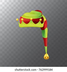 vector funky red and green stripped cartoon christmas elf hat isolated on transparent background. vector kids colorful elf hat icon or label.  Christmas decorative design element for banner or poster