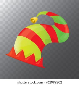 vector funky red and green stripped cartoon christmas elf hat isolated on transparent background. vector kids colorful elf hat icon or label.  Christmas decorative design element for banner or poster