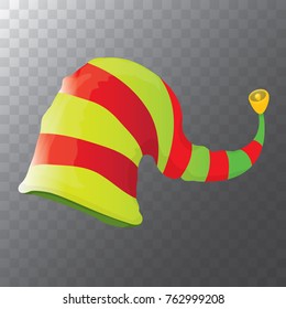 vector funky red and green stripped cartoon christmas elf hat isolated on transparent background. vector kids colorful elf hat icon or label.  Christmas decorative design element for banner or poster