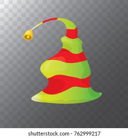 vector funky red and green stripped cartoon christmas elf hat isolated on transparent background. vector kids colorful elf hat icon or label.  Christmas decorative design element for banner or poster