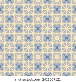Vector funky seamless geometric abstract pattern. Retro vintage style. Floral background in blue and beige color. Groovy geo ornament. Simple texture with flowers, snowflakes, grid. Repeat design