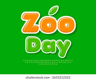 Vector Funky sign Zoo Day. Glossy Green Font. Decorative Round Alphabet Letters and Numbers set.