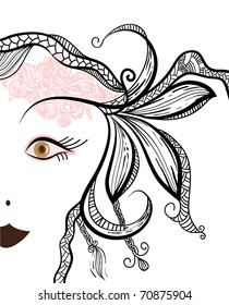 vector funky woman's face with floral ornament, clipping mask