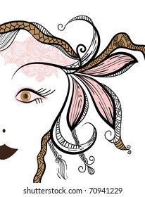 vector funky woman's face with floral ornament, clipping mask