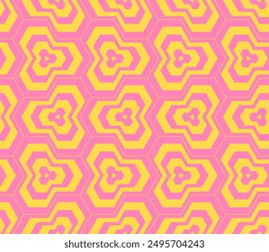 Vector funky yellow and pink geometric seamless pattern with concentric lines, stripes, hexagon shapes, triangles, tiles. Colorful abstract summer background. Simple bold texture. Repeated design