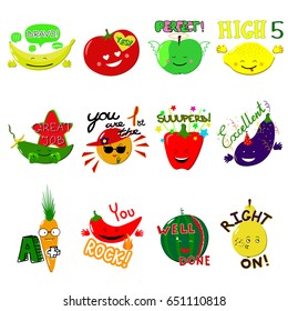 Vector funny Achievement school Labels with fruits and vegetables