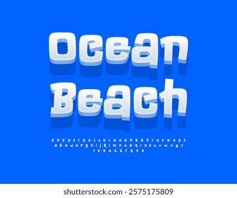 Vector Funny Advertisement Ocean Beach. Isometric White Font. Joyful Alphabet Letters and Numbers set.