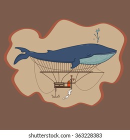 vector funny airship whale flying. 