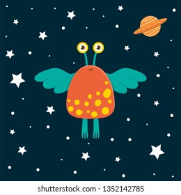 Vector funny alien with ufo in space and stars. Cute cosmic illustration for children on blue background