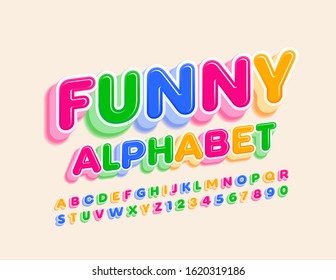 Vector Funny Alphabet. Bright colorful Font. Letters and Numbers for Kids