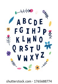 Vector funny alphabet and cute flowers on a white background in cartoon style. Bright modern illustration for kids, nursery, poster, card, birthday party, packaging paper design, baby t-shirts.