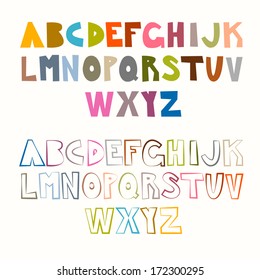 Vector Funny Alphabet Sets. Colorful and Outlined.