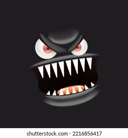 Vector funny angry black monster face with open mouth with fangs and evil eyes isolated on black background. Halloween cute and angry monster design template for poster, banner and tee print