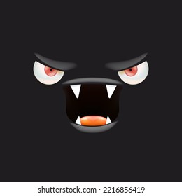 Vector funny angry black monster face with open mouth with fangs and evil eyes isolated on black background. Halloween cute and angry monster design template for poster, banner and tee print
