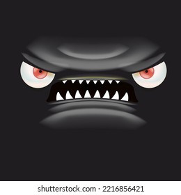 Vector funny angry black monster face with open mouth with fangs and evil eyes isolated on black background. Halloween cute and angry monster design template for poster, banner and tee print