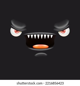 Vector funny angry black monster face with open mouth with fangs and evil eyes isolated on black background. Halloween cute and angry monster design template for poster, banner and tee print