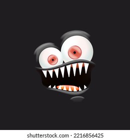 Vector funny angry black monster face with open mouth with fangs and evil eyes isolated on black background. Halloween cute and angry monster design template for poster, banner and tee print