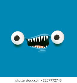 Vector funny angry blue monster face with open mouth with fangs and evil eyes isolated on blue background. Halloween cute and angry monster design template for poster, banner and tee print