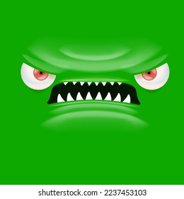 Vector funny angry green monster face with open mouth with fangs and evil eyes isolated on green background. Halloween cute and angry monster design template for poster, banner and tee print